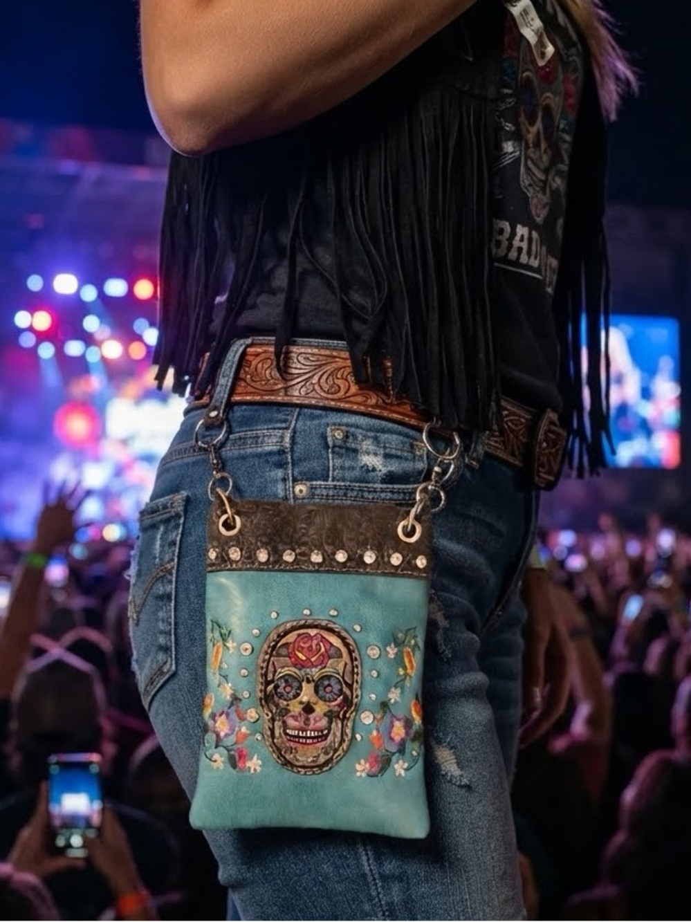 Teal Sugar Skull & Floral Embroidered Biker Hip Clip / Festival Pouch 5" x 7"